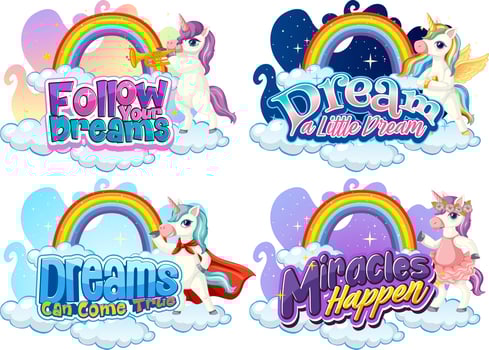 Set of different unicorn font typography with rainbows isolated vector