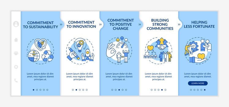 Organizational core values onboarding vector template. Responsive mobile website with icons. Web page walkthrough 5 step screens. Commitment to sustainability color concept with linear illustrations