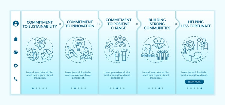 Organizational core values onboarding vector template. Responsive mobile website with icons. Web page walkthrough 5 step screens. Commitment to positive change color concept with linear illustrations