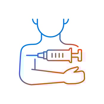 Injection in arm gradient linear vector icon. Influenza clinic treatment. Drug inoculation. Vaccine shot for patient. Thin line color symbols. Modern style pictogram. Vector isolated outline drawing