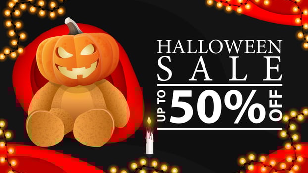 Halloween sale, horizontal dark discount banner with Teddy bear with Jack pumpkin head vector