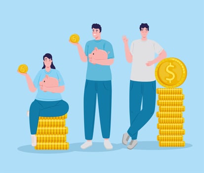 savers group lifting piggy savings seated in coins vector