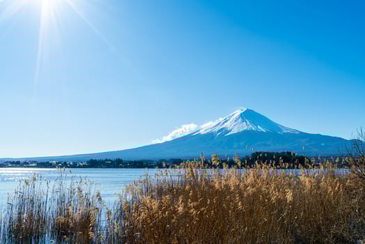 Fuji Mountain with Kawaguchiko Lake and blue sky photo