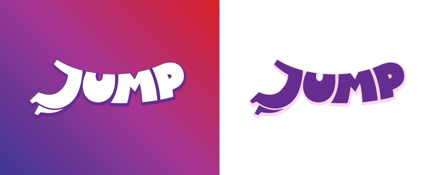 Run and Jump cartoon style. Letter R form running man. J jumping body silhouette. Corporate sign for game company or sport service typeset design. Banner template text font. Isolated vector element