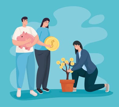 Save money and people with coins plant and piggy vector design