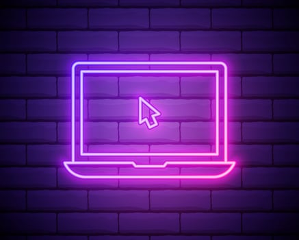 Glowing neon Laptop with cursor icon isolated on brick wall background. Vector Illustration