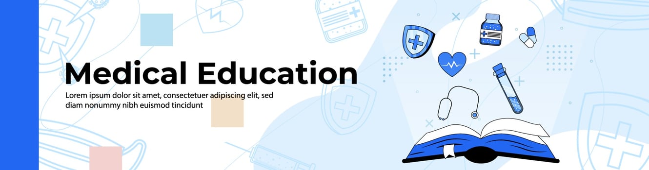 Medical Education Web Banner Design.open ledger with medicine, health and medical tools. header or footer banner. vector