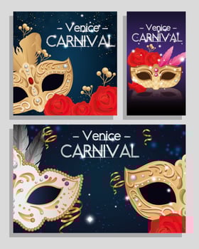 set poster of venice carnival with decoration vector