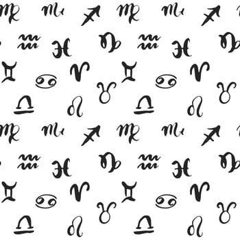 Zodiac signs seamless pattern. Hand drawn horoscope astrology symbols, grunge textured design, typography print, vector illustration