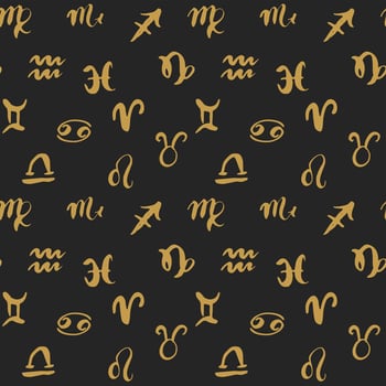 Zodiac signs seamless pattern. Hand drawn horoscope astrology symbols, grunge textured design, typography print, vector illustration