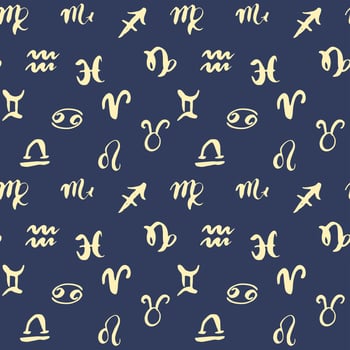Zodiac signs seamless pattern. Hand drawn horoscope astrology symbols, grunge textured design, typography print, vector illustration