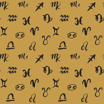 Zodiac signs seamless pattern. Hand drawn horoscope astrology symbols, grunge textured design, typography print, vector illustration
