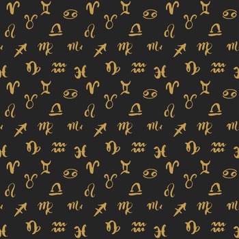 Zodiac signs seamless pattern. Hand drawn horoscope astrology symbols, grunge textured design, typography print, vector illustration