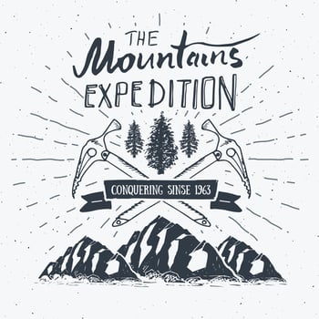 Mountain expedition vintage label retro badge. Hand drawn textured emblem outdoor hiking adventure and mountains exploring, Extreme sports, grunge hipster design, typography print vector illustration
