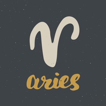 Zodiac sign Aries and lettering. Hand drawn horoscope astrology symbol, grunge textured design, typography print, vector illustration
