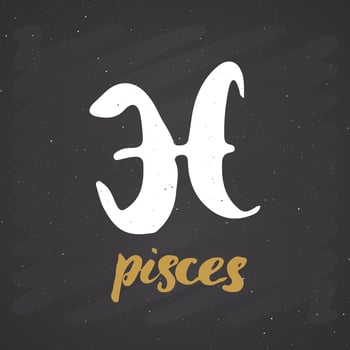 Zodiac sign Pisces and lettering. Hand drawn horoscope astrology symbol, grunge textured design, typography print, vector illustration