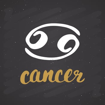 Zodiac sign Cancer and lettering. Hand drawn horoscope astrology symbol, grunge textured design, typography print, vector illustration