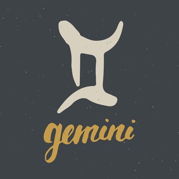 Zodiac sign Gemini and lettering. Hand drawn horoscope astrology symbol, grunge textured design, typography print, vector illustration