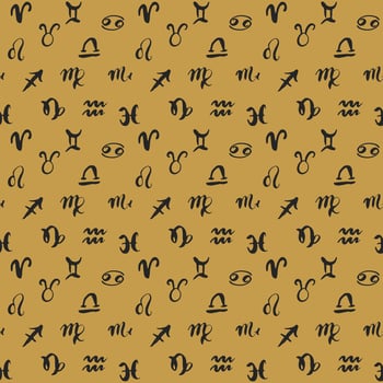 Zodiac signs seamless pattern. Hand drawn horoscope astrology symbols, grunge textured design, typography print, vector illustration