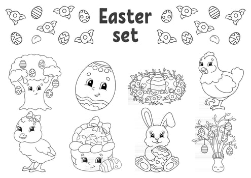 Coloring book for kids. Easter clipart. Cheerful characters. Vector illustration. Cute cartoon style. Black contour silhouette. Isolated on white background.