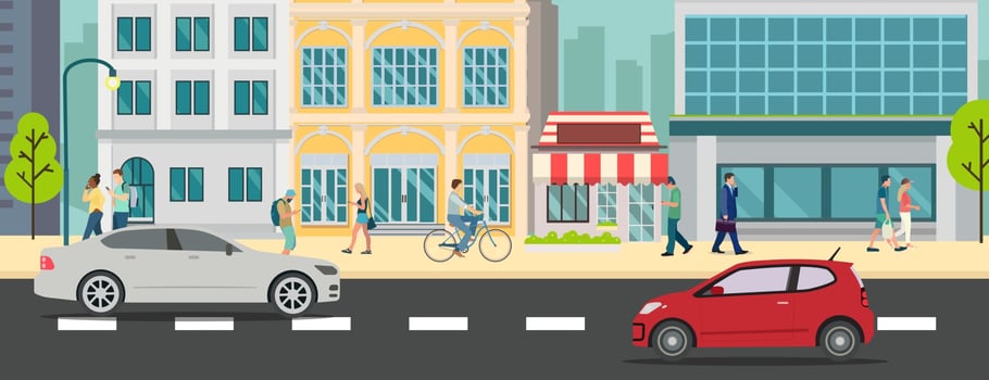 Cityscape with people walking and car on street vector illustration.Business buildings and business man walk.Urban city with car on road.Business town scene