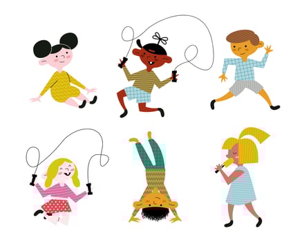 happy little six kids practicing activities characters vector