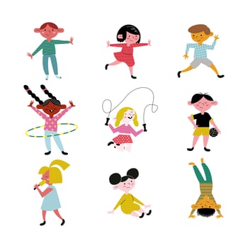 happy little nine kids practicing activities avatars characters vector