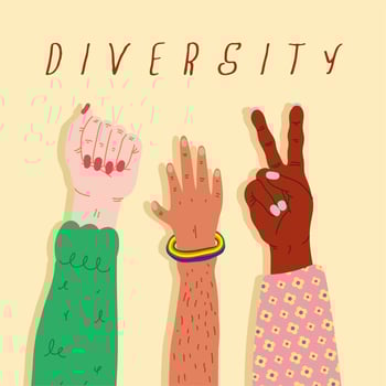 three diversity hands humans up and lettering vector