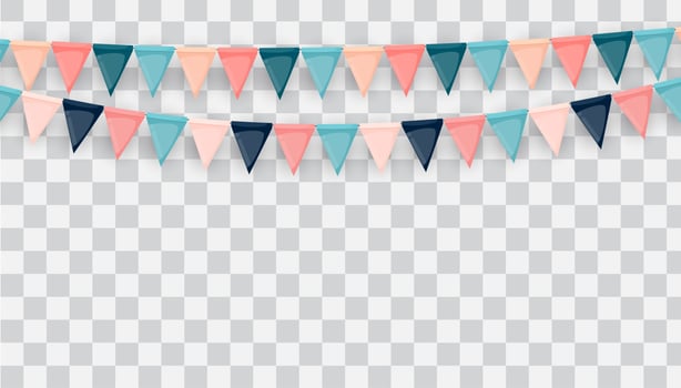 Banner with garland of flags and ribbons. Holiday Party background for birthday party, carnaval isolated on transparent background. Vector Illustration