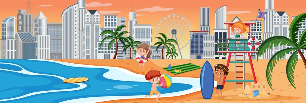 Sunset horizontal scene with many children on the beach and cityscape background vector