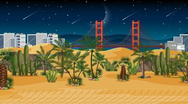 Desert forest landscape scene at night with cityscape background vector