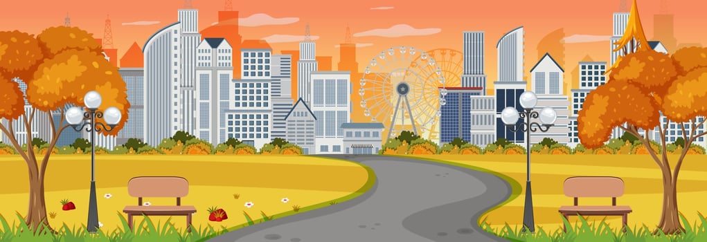Horizontal scene with long road through the park into the town at sunset time vector