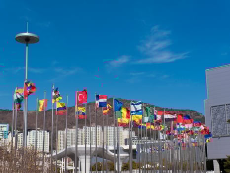 Flags of the countries of the world on flagpoles. Expo, Yeosu city. South Korea photo