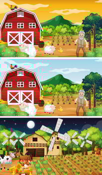 Different farm scenes with old farmer and animal cartoon character vector