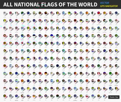 All official national flags of the world . GPS navigator pin design in white background . Vector .