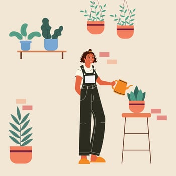 Girl taking care of plants at home. Plant care for mental health therapy. vector