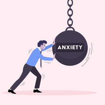 Vector of young man pushing anxiety ball
