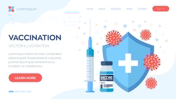 Vaccination concept. Immunization campaign. Vaccine shot. Health care and protection. Syringe with a vaccine bottle protection shield and virus. Medical treatment. vector