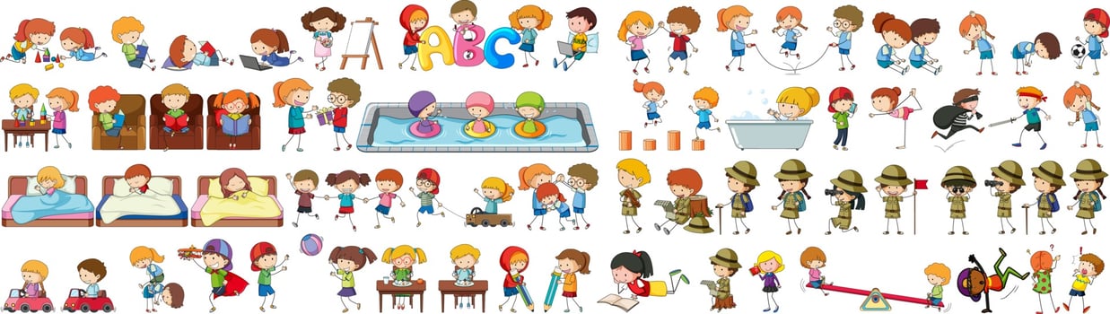 Set of different doodle kids cartoon character vector