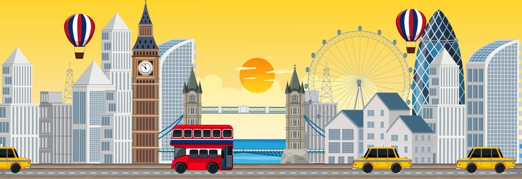 London city horizontal scene at sunset time vector