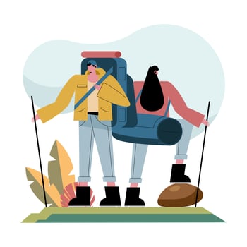 Hiker woman and man cartoons with bags and sticks vector design