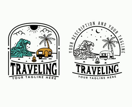 Outdoor adventure retro emblem, vintage adventure set logo template with trip car. vector