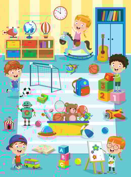 Little Children Studying And Playing At Preschool Classroom vector