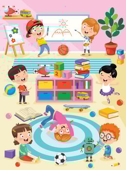 Little Children Studying And Playing At Preschool Classroom vector