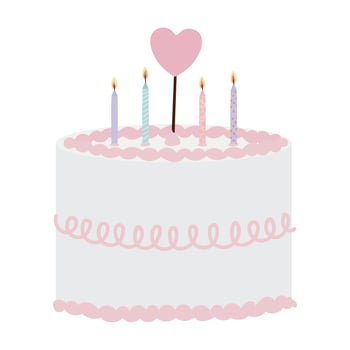 birthday cake with candles and one with heart shape on a white background vector