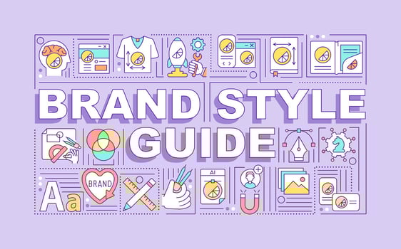 Brand style guide word concepts banner. Business promotion. Infographics with linear icons on purple background. Isolated creative typography. Vector outline color illustration with text