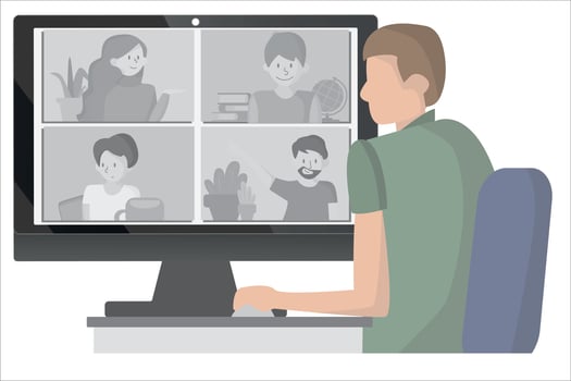 Video conference landing. People on computer screen taking with colleague. Videoconferencing and online meeting workspace vector page. concept e-learning and stay home.