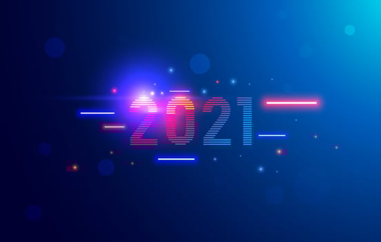 2021 year. Neon 2021 year in digital cyber technology style. Light and shine Vector New Year number in tech industry design.