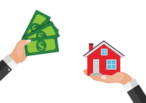 Real estate concept.  Buy house poster with men hands paying money for the home building. Vector Illustration