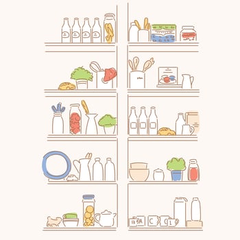 Food ingredients on the kitchen shelves. hand drawn style vector design illustrations.